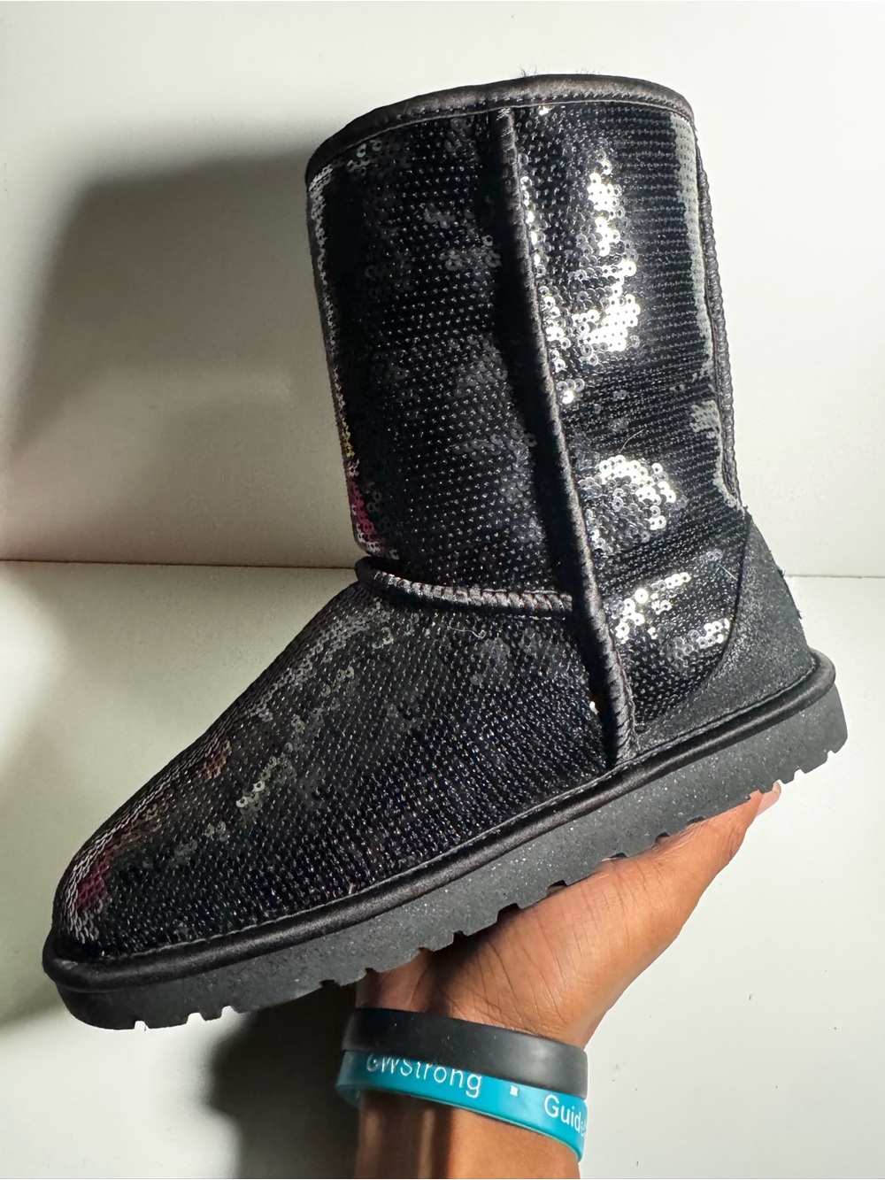 UGG Classic Short Black Sequined Cosmos Boots Shearling Leather Women’s Size 8